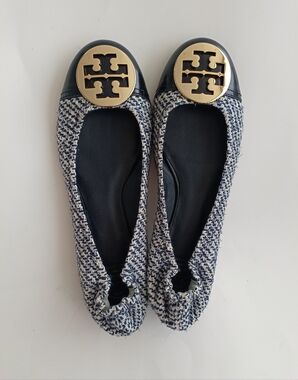 Tory Burch Navy Blue & Ivory Tweed Cap Toe Ballet Flats Gold-Tone Logo Size 11M